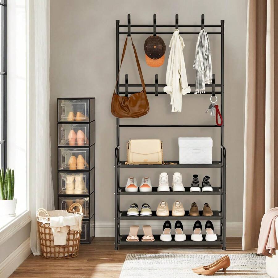 Zapatero y Perchero Multifuncional, Perchero de Entrada con 16 Ganchos, Estante para Zapatos de Gran Espacio, Zapatero con 4 Niveles, Fácil Montaje, 2 en 1 Estante para Zapatero - Negro - Ver 1