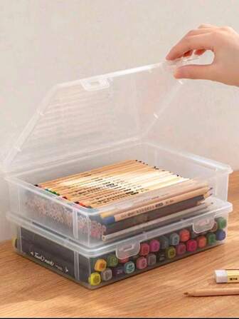 1pc White Transparent Desktop Stationery Storage Box With Large Capacity, Transparent Pen Box For Stationery, Painting Pens, Color Pencils, Markers With Stackable Design