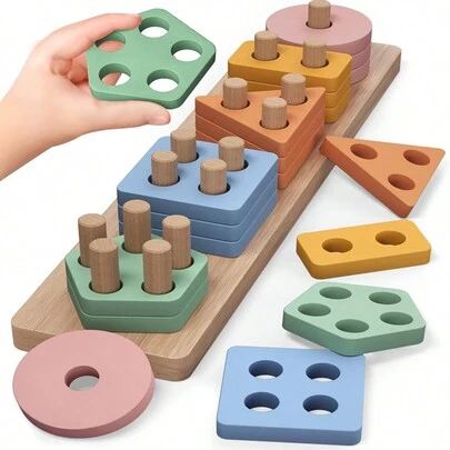 5pcs/Set Wooden Geometric Shape Stacking Pegs - Color Matching Cognitive Numerical Stacking Blocks Montessori Early Education Toys For Children 3+ Years Old