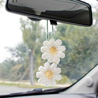 Easypie Selection 1PC Crochet Daisy Car Accessories Girls Cute Rear View Mirror Hanging Ornaments Handmade Daisy Flower Gift Crochet Lovers Car Decor