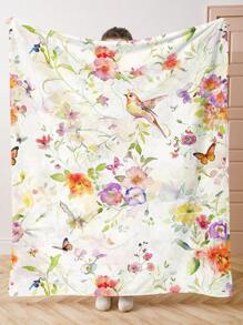 1pc Square Watercolor Style Floral & Hummingbird & Butterfly Print Plush Blanket, Soft And Warm, Suitable For Living Room, Sofa, Lounge Chair And Bedroom, Perfect For Travel, Camping, And Gift Giving