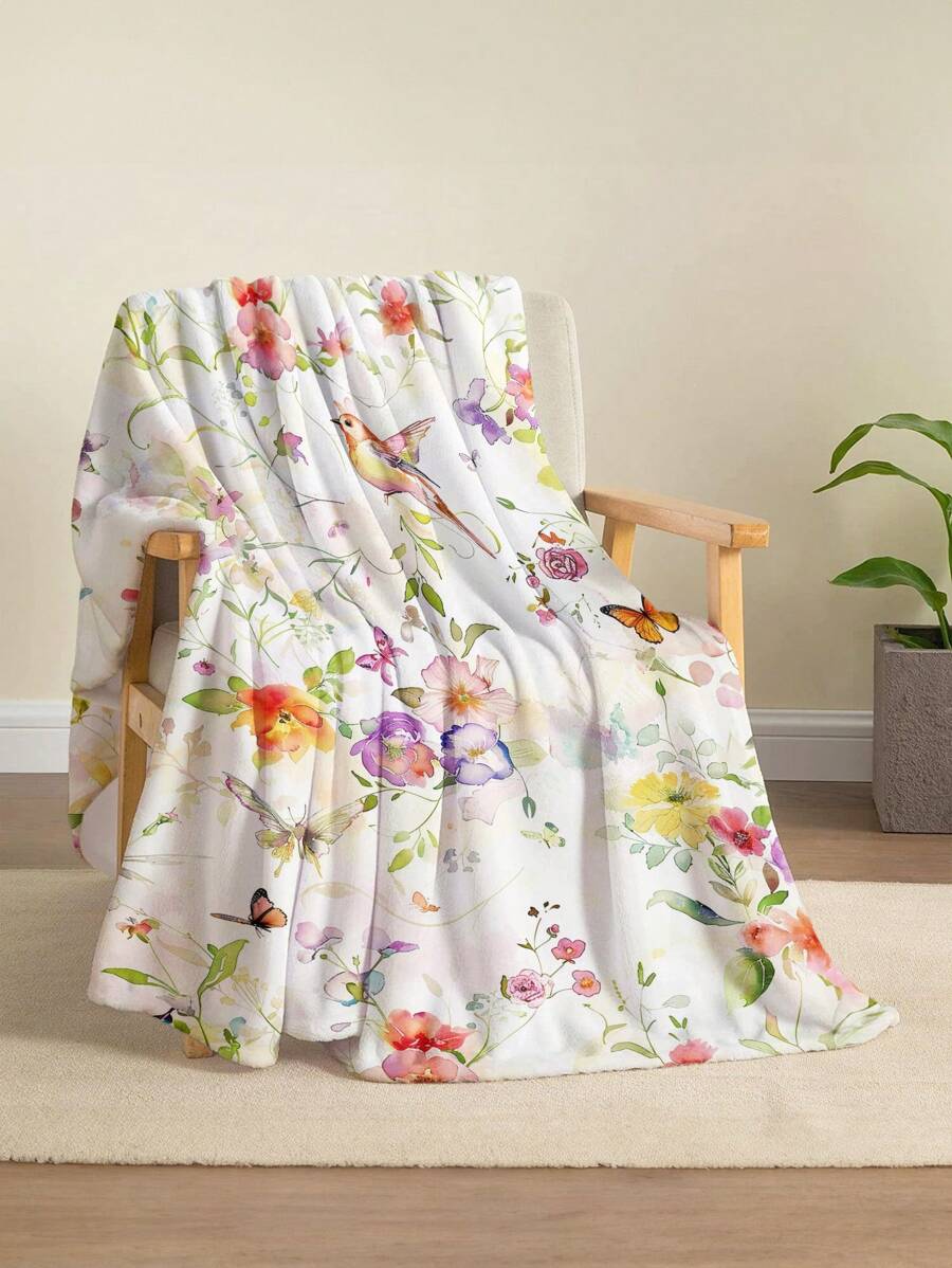1pc Square Watercolor Style Floral & Hummingbird & Butterfly Print Plush Blanket, Soft And Warm, Suitable For Living Room, Sofa, Lounge Chair And Bedroom, Perfect For Travel, Camping, And Gift Giving