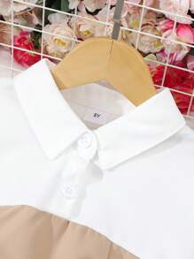 少女夏季短袖領域翻領休閒2合1連衣裙配腰帶 - 卡其色 - 查看 3