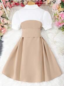 少女夏季短袖領域翻領休閒2合1連衣裙配腰帶 - 卡其色 - 查看 2