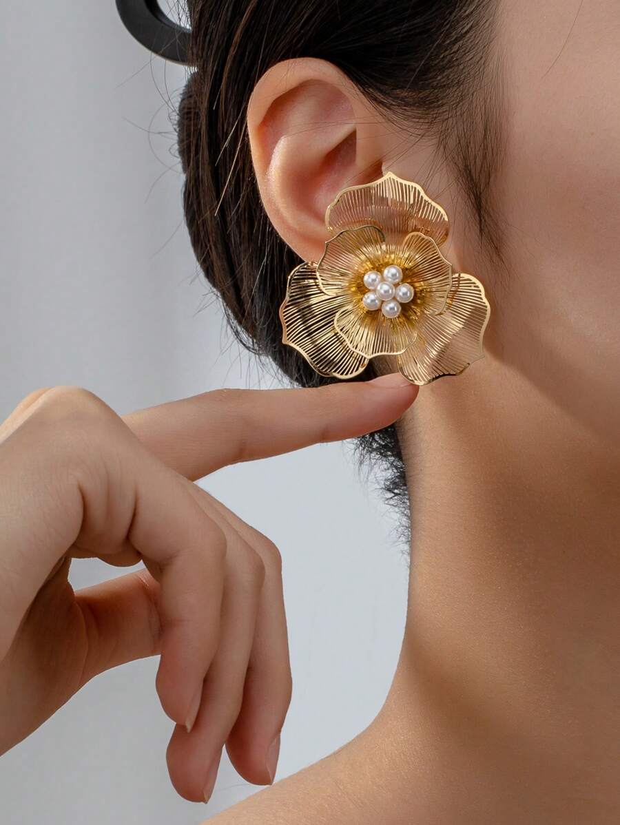 1 对夸张双层花朵和人造珍珠耳钉，具有立体效果，欧美风格，情人节、妈妈、母亲、母亲节、礼物 - 花朵耳環 - 查看 1