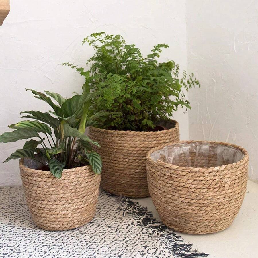 1入組稻草花盆編織花卉盆栽草編盆栽盆室內花盆套植物容器，適用於可種植植物 - 原色 - 查看 1