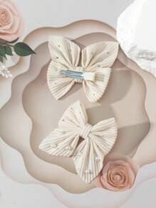 2pcs/Set Faux Pearl & Bowknot Decor Hair Clips For Teen - Beige - View 3