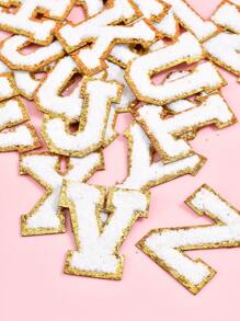 26pcs Blue Felt Fabric Iron-On Letter Patches With Gold Border For Clothing Accessories, DIY Crafting, Sewing