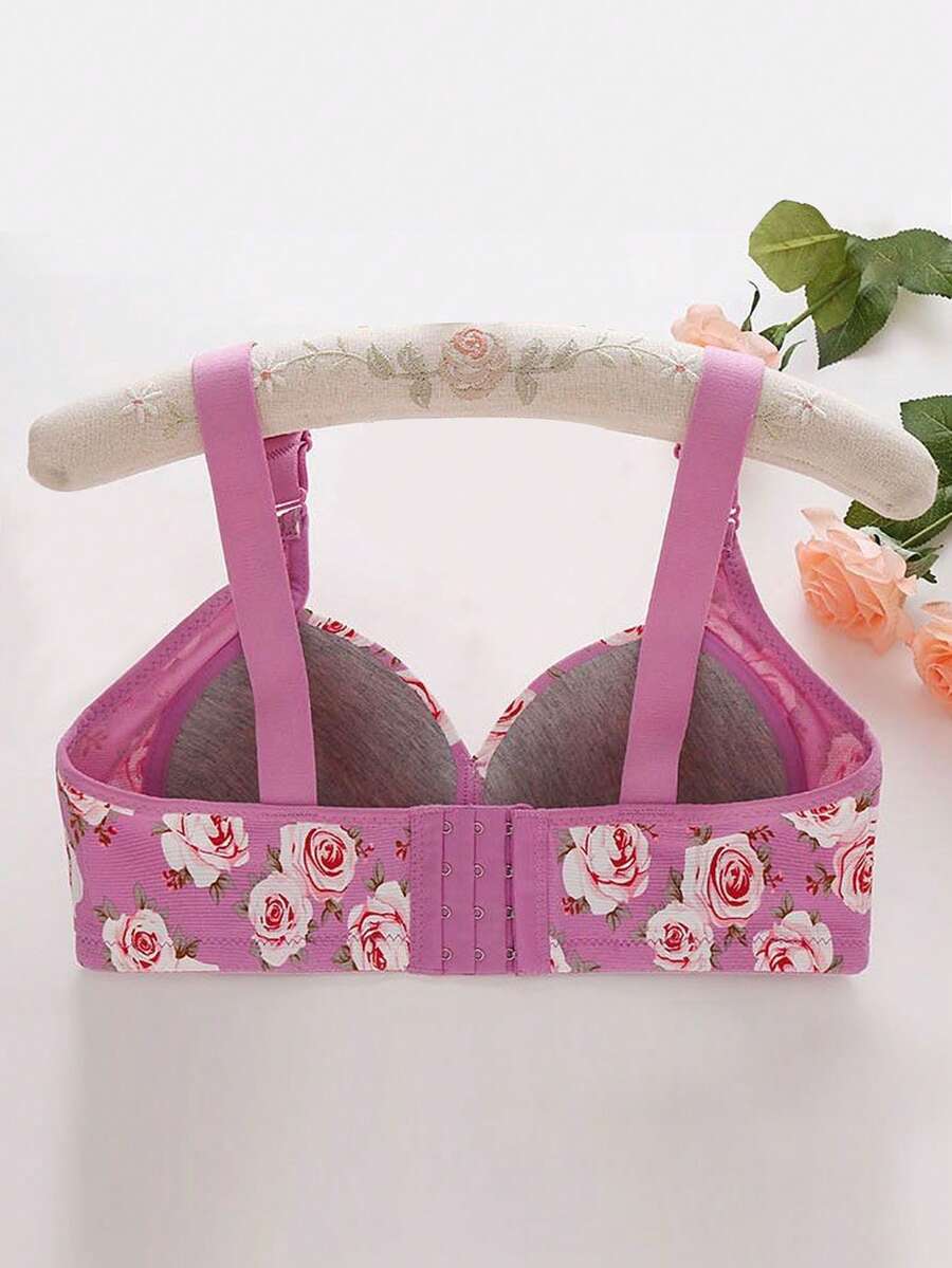 1pc AntiSagging Rose Printed Bra For Large Chested Women, Wireless And