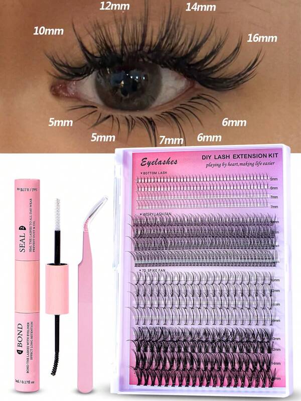 DIY Lash Extension Kit 480pcs Lash Clusters Individual Cluster Lash Extensions DIY Multi-Type Mixed Wispy Faux Mink Eyelash Tray Bottom, Spike, Volume Lashes For Self Application At Home DIY Lash Extension Kit