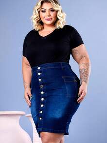 Plus Size Denim Skirts - 淺色水洗藍 - 查看 3