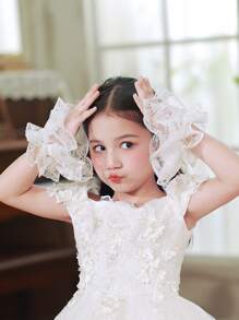 Children Wedding Dress Lace Short Gloves, White Princess Girl Performing Etiquette Dance Wrist Decor Costume Accessories For Halloween, Christmas - White - View 4