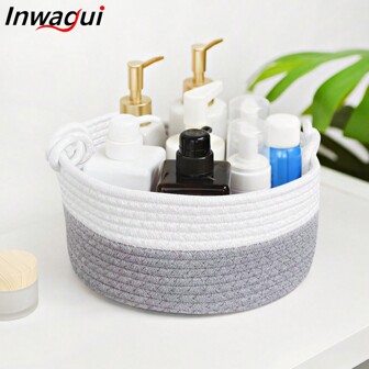  Inwagui 1pc Woven Storage Basket Bathroom Storage Basket Two-Tone Storage Basket With Handle Home Decorative Basket For Desktop Shelf Cupboard Closet Dresser, Organizer For Keys, Makeup, Remote Control