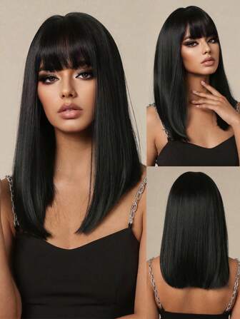 14-34 tum svart peruk för kvinnor, naturlig svart peruk med lugg, raka peruker för kvinnor, onsdagsperuk 65,3 cm lång rak värmebeständig syntetisk peruk för modekvinnor goth y2k-stil