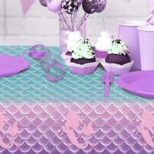 Artículos de fiesta de cumpleaños con tema de sirena, mantel de plástico desechable para fiesta de cumpleaños de niña con tema de princesa de la sirenita para baby shower, 108x54 pulgadas, Navidad - azul púrpura - Ver 3