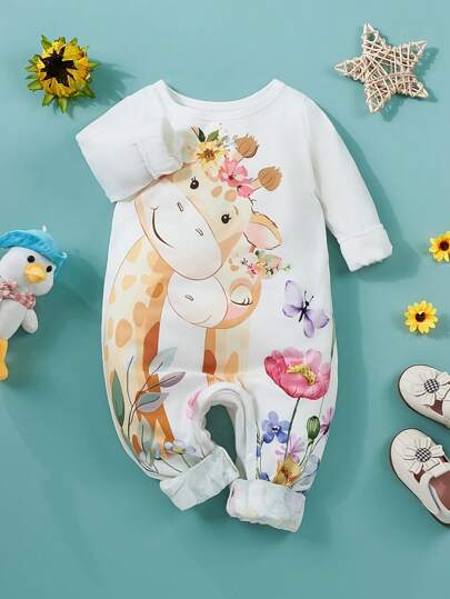 Baby Girl Cute Giraffe Pattern Long Sleeve Jumpsuit, Spring & Autumn
