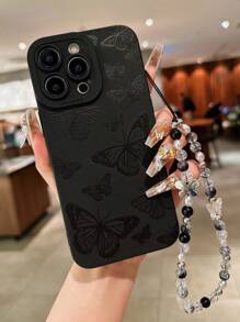 1pc Black Butterfly Soft Air Cushion Phone Case Compatible With Apple Iphone Xr/11/12/14/15 Pro Max, Crystal Strap Attached