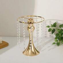 1 pieza Jarrón de metal para boda, 12 hebras de colgante con cristal y cuentas acrílicas, jarrón de mesa para bodas, ornamento de flores de mesa, accesorios de arreglo floral para bodas, soporte de flores de mesa de hotel, candelabro de cristal, decoración primaveral del hogar, macetero de flores para camino de bodas