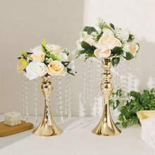 1 pieza Jarrón de metal para boda, 12 hebras de colgante con cristal y cuentas acrílicas, jarrón de mesa para bodas, ornamento de flores de mesa, accesorios de arreglo floral para bodas, soporte de flores de mesa de hotel, candelabro de cristal, decoración primaveral del hogar, macetero de flores para camino de bodas