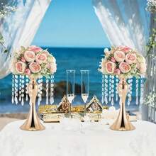 1 pieza Jarrón de metal para boda, 12 hebras de colgante con cristal y cuentas acrílicas, jarrón de mesa para bodas, ornamento de flores de mesa, accesorios de arreglo floral para bodas, soporte de flores de mesa de hotel, candelabro de cristal, decoración primaveral del hogar, macetero de flores para camino de bodas