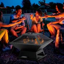 Outsunny Feuerschale mit Funkenschutz Grillrost Schürhaken Feuerkorb Feuerstelle für Garten Camping BBQ Stahl Schwarz 45 x 45 x 34 cm