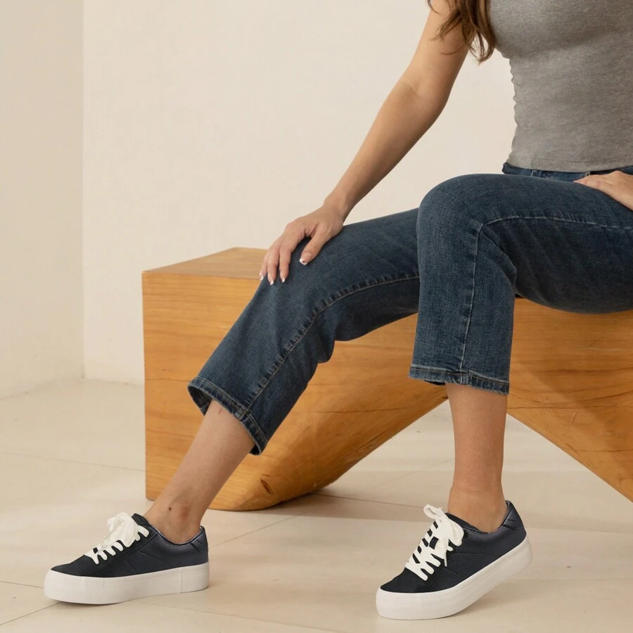 Women Fashion Sneakers Platform Sneakers Spring Shoes For Women Fashion Tennis Shoes Lace-Up Casual Walking Sneakers - 黑色 - 查看 1