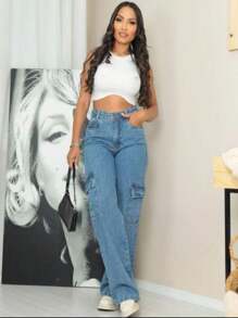 Wide Leg Cargo Jeans - Medium Wash - View 3