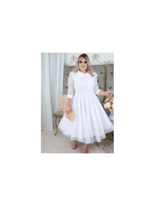 Vestido De Casamento Civil Branco Godê Tule Plus Size Moda  Evangélica  Casual