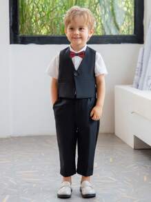 Young Boy 4pcs Suit Set Including Vest, Short Sleeve Shirt, Pants, Bowtie, Spring/Summer - Black - View 1