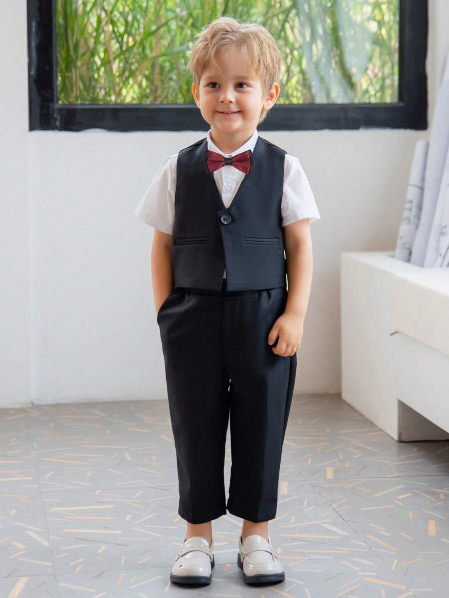 Young Boy 4pcs Suit Set Including Vest, Short Sleeve Shirt, Pants, Bowtie, Spring/Summer - Black - View 1