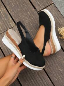 European And American Style Wedge Heeled Sandals For Women, With Closed Toe And Ankle Strap, Comfortable Thick Sole And Waterproof Platform, With Woven High Heels - Black - View 1