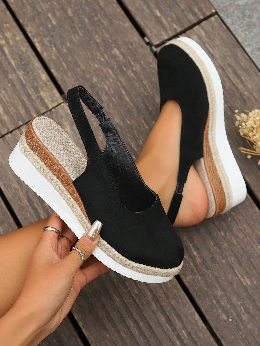 European And American Style Wedge Heeled Sandals For Women, With Closed Toe And Ankle Strap, Comfortable Thick Sole And Waterproof Platform, With Woven High Heels - Black - View 1
