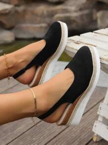 European And American Style Wedge Heeled Sandals For Women, With Closed Toe And Ankle Strap, Comfortable Thick Sole And Waterproof Platform, With Woven High Heels - Black - View 2