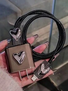 Set de 4 cables de datos envueltos con láser de diseño de corazón de 1,5 m, con clip de sujeción y funda protectora de TPU, compatible con serie de teléfonos Apple 12/13/14 y cable de carga rápida de 20 W, protector de cable, protector de cargador - Negro - Ver 3