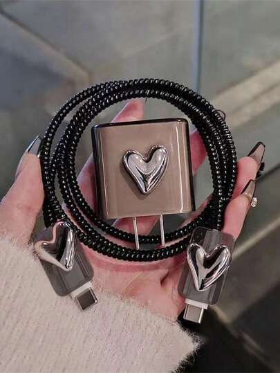 4pcs/Set 1.5m Heart Design Laser Wrapped Data Cable With Line Fixing Clip And Tpu Protective Cover, Compatible With Apple 12/13/14 Series Phones And 20w Fast Charging Cable Cable Protector, Charger Protector