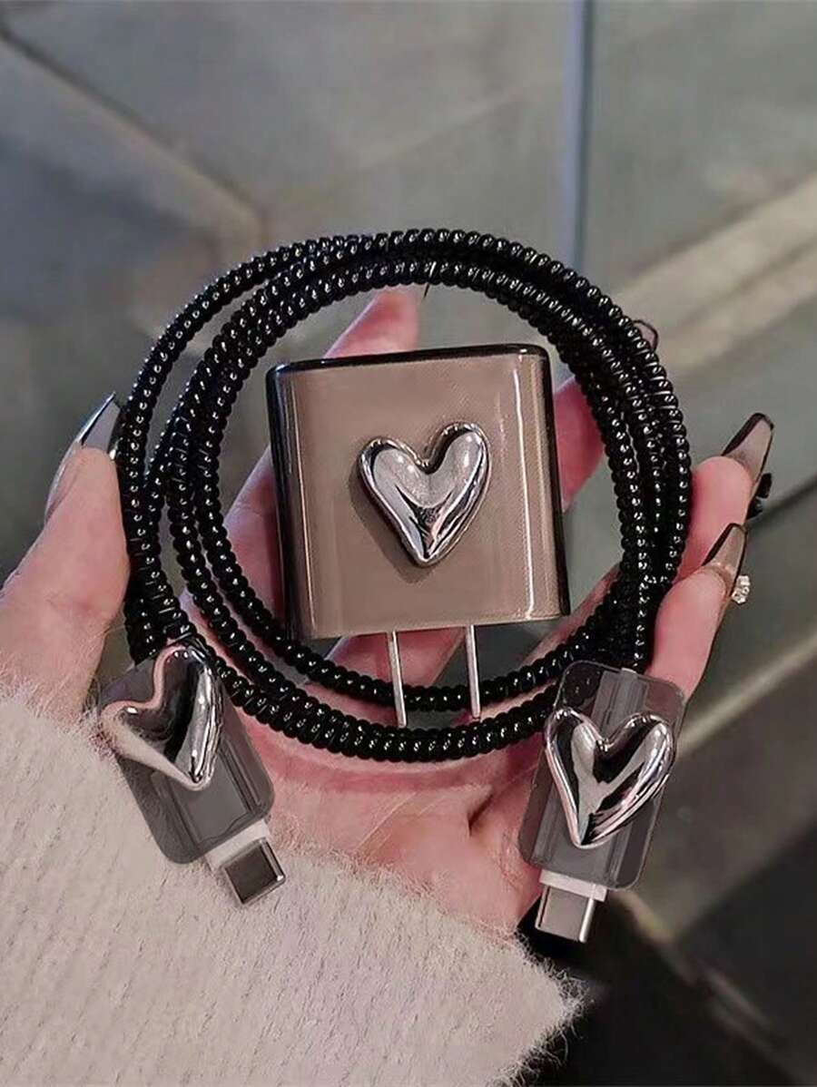 Set de 4 cables de datos envueltos con láser de diseño de corazón de 1,5 m, con clip de sujeción y funda protectora de TPU, compatible con serie de teléfonos Apple 12/13/14 y cable de carga rápida de 20 W, protector de cable, protector de cargador - Negro - Ver 1