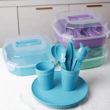 21 piezas Juego de vajilla de picnic, incluye cuchillos, tenedores, cucharas, vasos, platos, caja de almacenamiento de cubiertos, vajilla transparente multifuncional, para picnic, campamento, viaje en autocaravana, servicio de cubiertos portátil para 4 personas, de vuelta a la escuela - Verde - Ver 6