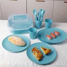 21 piezas Juego de vajilla de picnic, incluye cuchillos, tenedores, cucharas, vasos, platos, caja de almacenamiento de cubiertos, vajilla transparente multifuncional, para picnic, campamento, viaje en autocaravana, servicio de cubiertos portátil para 4 personas, de vuelta a la escuela - Verde - Ver 5