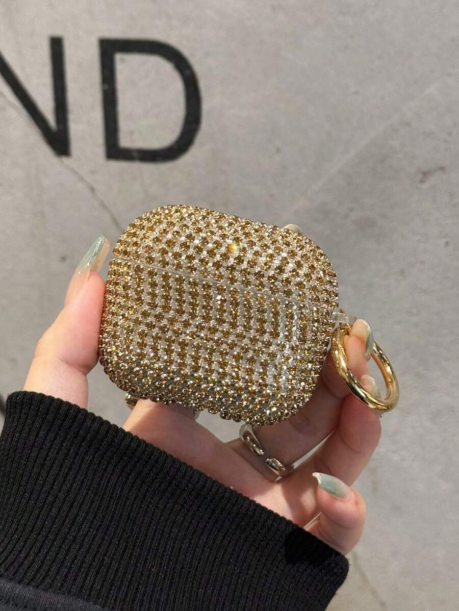 1pc Shallow Gold Glass Rhinestone Earphone Case Compatible With Apple 1/2/3, PC Hard Shell Bling Protective Cover Compatible With Airpods Pro/Pro 2 Shockproof Rhinestone Case For New 4