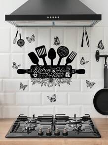 1pc New Creative Kitchen Utensils Sticker, Removable Wall Sticker For Restaurant, Kitchen And Home Decoration, Stickers, Wall Decal, Vinyl Decal For Home Decorations, Spring Decoration Items Refresh Your Home, Festival Decoration Stickers Gifts Birthday Graduation Kitchen Decor - Black and White - View 3
