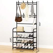 Zapatero y Perchero Multifuncional, Perchero de Entrada con 16 Ganchos, Estante para Zapatos de Gran Espacio, Zapatero con 4 Niveles, Fácil Montaje, 2 en 1 Estante para Zapatero - Negro - Ver 2