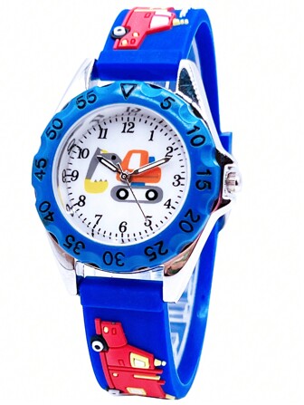 Montre quartz mignonne 3D de camion de pompiers noir et de pompier pour garçons, cadeau pour enfants