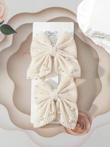 2pcs/Set Faux Pearl & Bowknot Decor Hair Clips For Teen - Beige - View 2