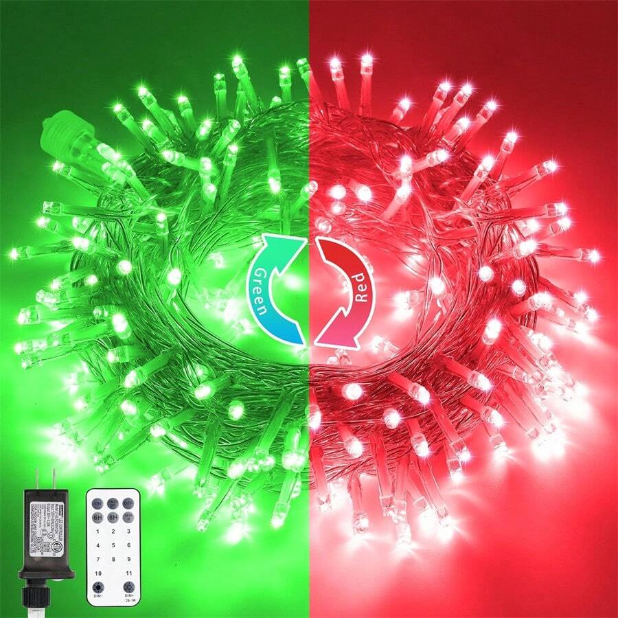 JMEXSUSS 200 LED Christmas String Lights Outdoor, Red & Green Christmas Lights Clear Wire, 11 Modes Connectable Twinkle String Lights Plug In For Christmas Halloween Garden Home Decorations - Red to Green - View 1