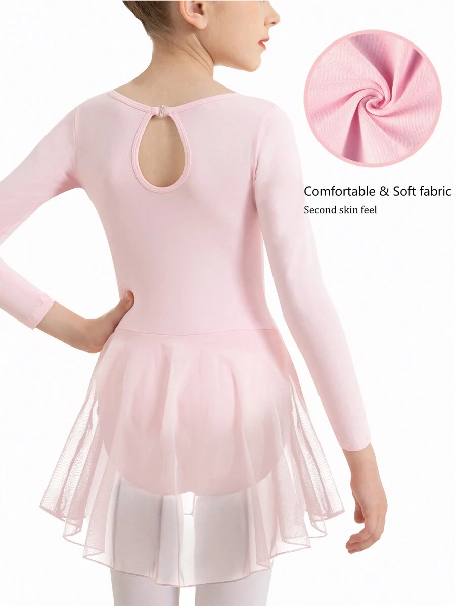 年輕女孩長袖芭蕾舞連身衣舞蹈裙，童裝開口背後蕾絲芭蕾舞裙 - 粉色 - 查看 1