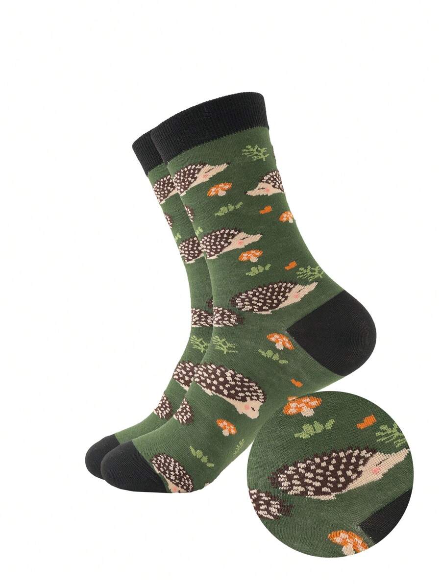 1 Pair Men's Fun Personalized Cartoon Cute Multicolor Jacquard Hedgehog Mushroom Small Grass Pattern Mid-Calf Socks, Sports Socks, All Seasons, European & American Size, Comfortable Breathable Durable, Rich Colors, Suitable For Daily Wear, Premium Fabric, Non-Stuffy, Fall - Multicolor - View 1
