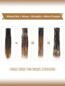 30 Pcs SE Dreadlock Extensions Mixed Sets 3 In 1 Straight Curly Boho Dreads Single Ended Fake Thin Dreadlock Extensions For Women