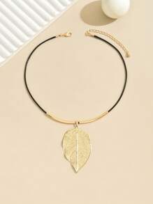 New Fashion Personalized Metallic Leaf & Teardrop Shaped Pendant Necklace With Black Wax Cord