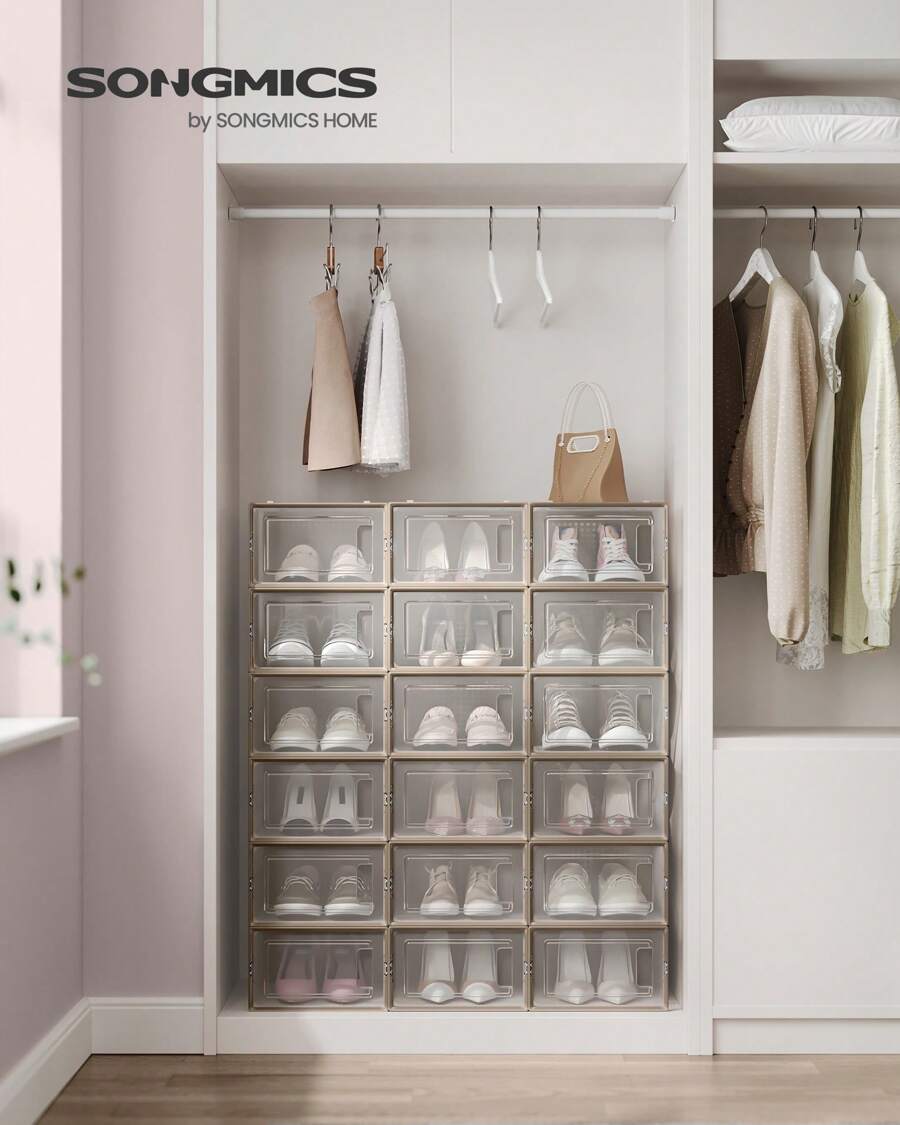 SONGMICS Cajas para zapatos, 18 unidades, plegables, para tallas de hasta 44, transparente y beige Avena, Vuelta al Cole