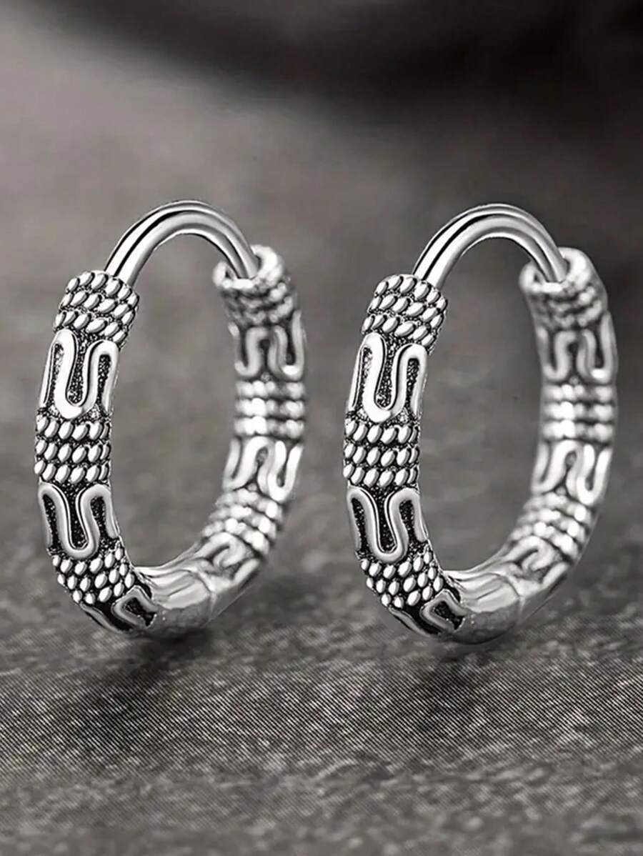 1對復古銅質簡約配花紋小耳釘,約會禮物 - 古銀 - 查看 1